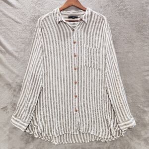 Jane And Delancey White Gray Striped Gauzy Button Up Blouse Size 1X Beach Chic